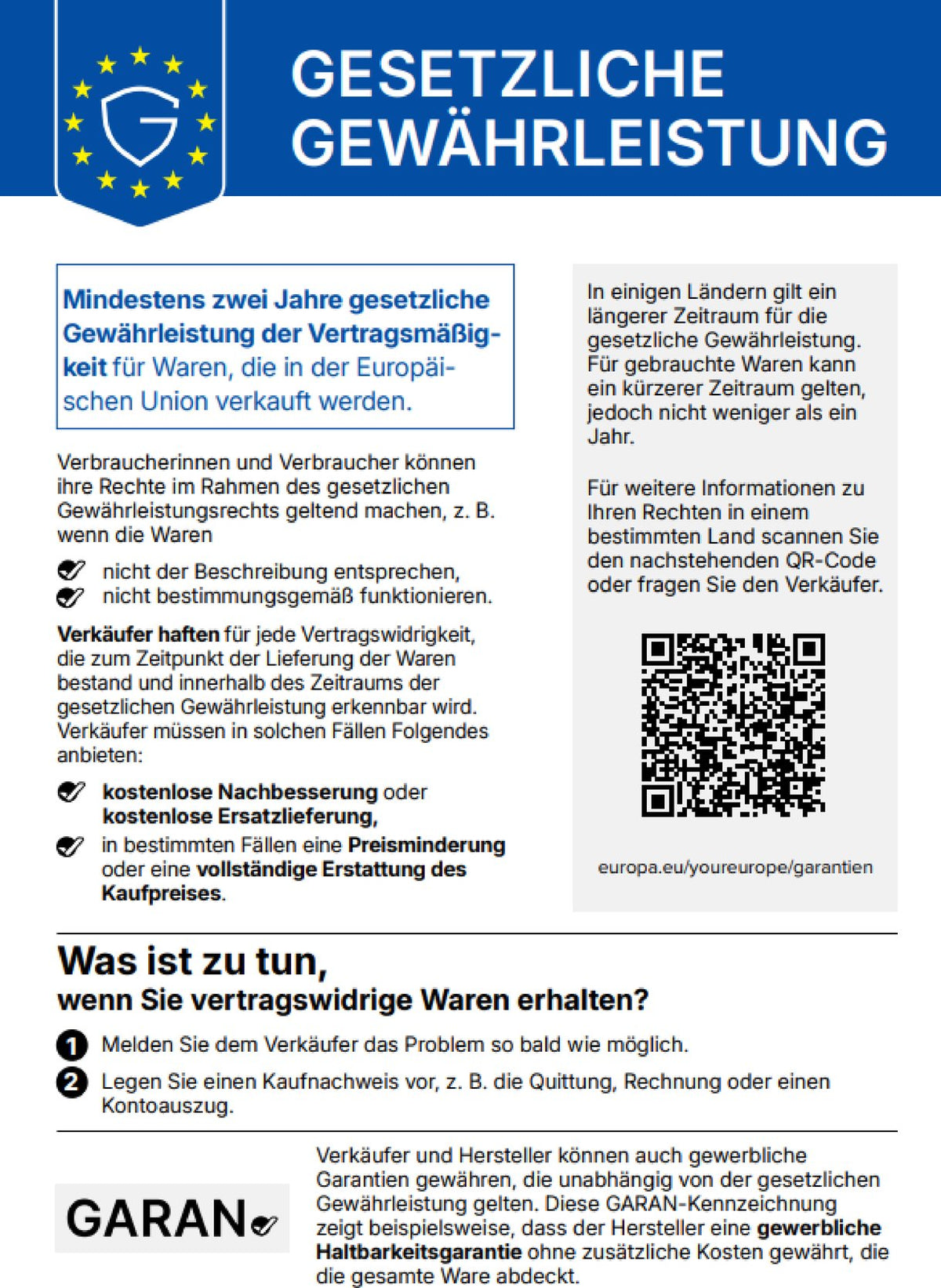 Harmonisierte EU-Mitteilung: Gesetzliches Gewährleistungsrecht von mindestens zwei Jahren