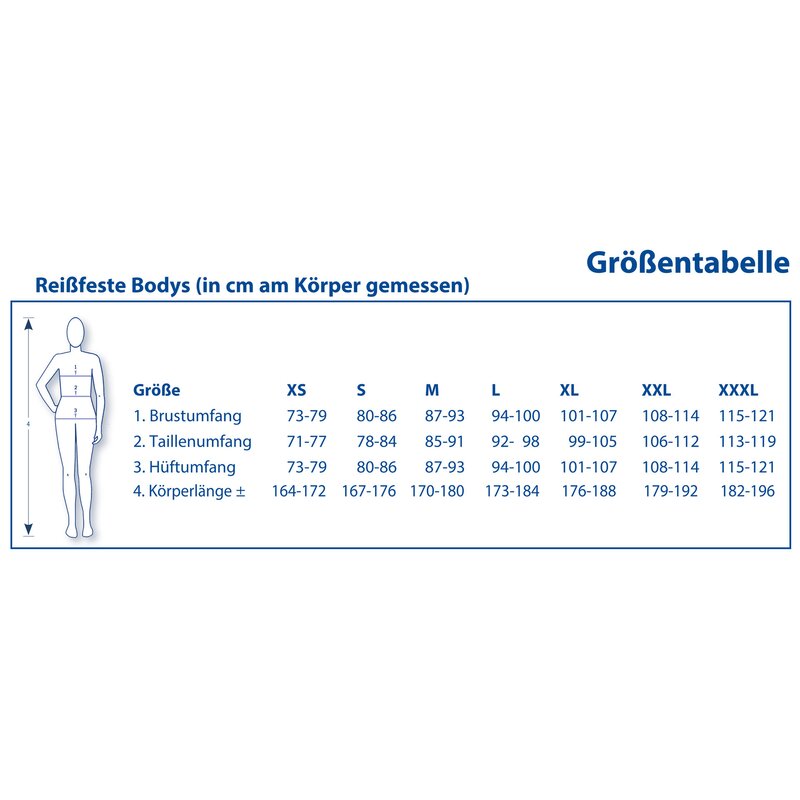 Größentabelle für 4care Reißfester Pflege-Body 2500 – Schutz-Overall mit Rücken-Reißverschluss
