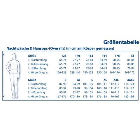 Größentabelle für 4care Pflegeoverall 1050 Kurz – Luftiger Sommer-Hansop mit Rücken-RV