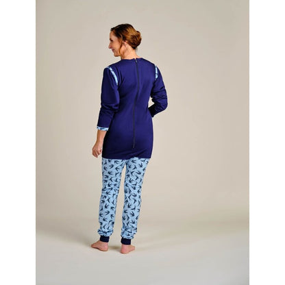 4care Damen Pflege-Pyjama – Diskreter Pflegeoverall mit Rücken-RV & langem Bein