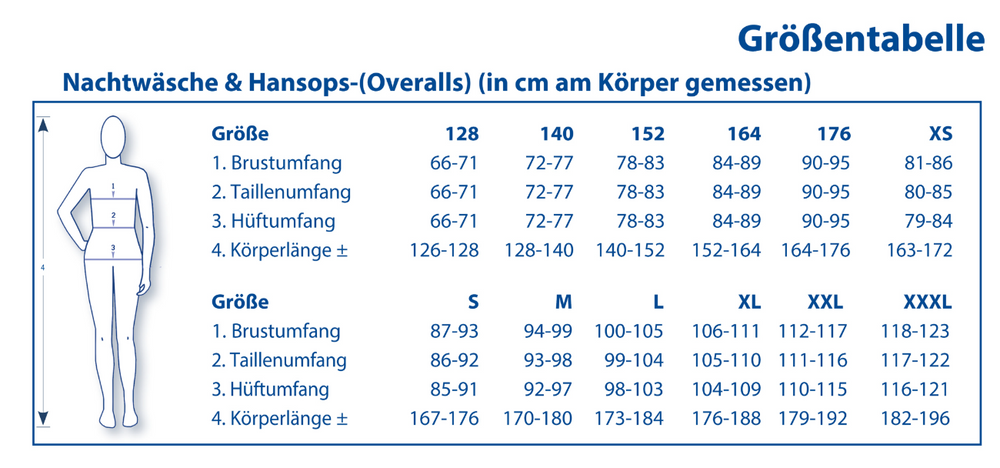 Größentabelle für 4care Pflegeoverall 1030 – Bequemer Baumwoll-Schutzoverall mit Rücken-RV