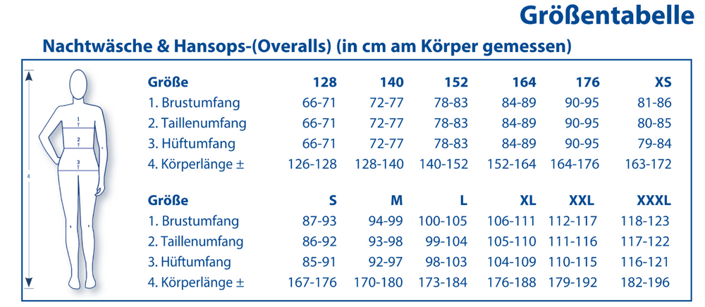 Größentabelle für 4care Pflegeoverall 1035 – Wärmender Baumwoll-Hansop mit Fuß & Rücken-RV