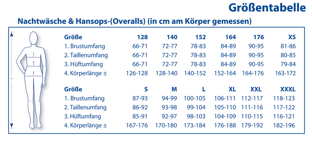 Größentabelle für 4care Damen Pflege-Pyjama 1091 – Langarm-Overall mit Rücken- & Schritt-RV