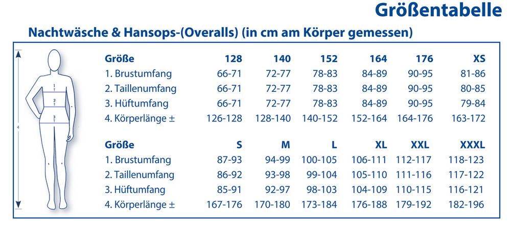 Größentabelle für 4care Herren Tages-Pflegeoverall Polo – Diskreter Schutz-Overall in Alltagsschik