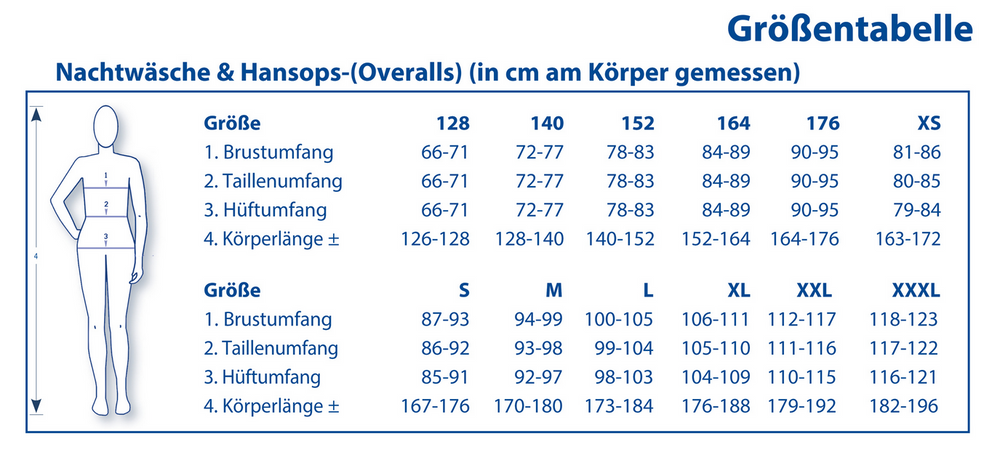 Größentabelle für 4care Damen Pflegeoverall Hansops 8110 – Modische Blusen-Optik & Rückenreißverschluss
