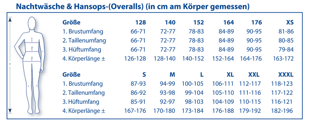 Größentabelle für 4care Kinderpflegeoverall 1066 – Sicherer Jersey-Hansop mit Rücken-RV & Design