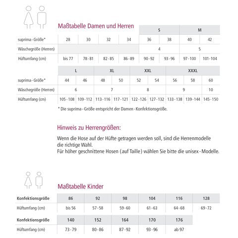 Größentabelle für suprima High-Tech Laminat Slip 1269 – Knöpfbarer Inkontinenz-Schutzslip